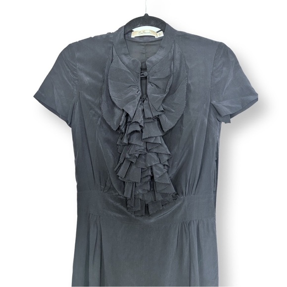 [ SO FRENCH ] Black 100% silk ruffle breast tailored shirt dress: MED : like new - Picture 3 of 7
